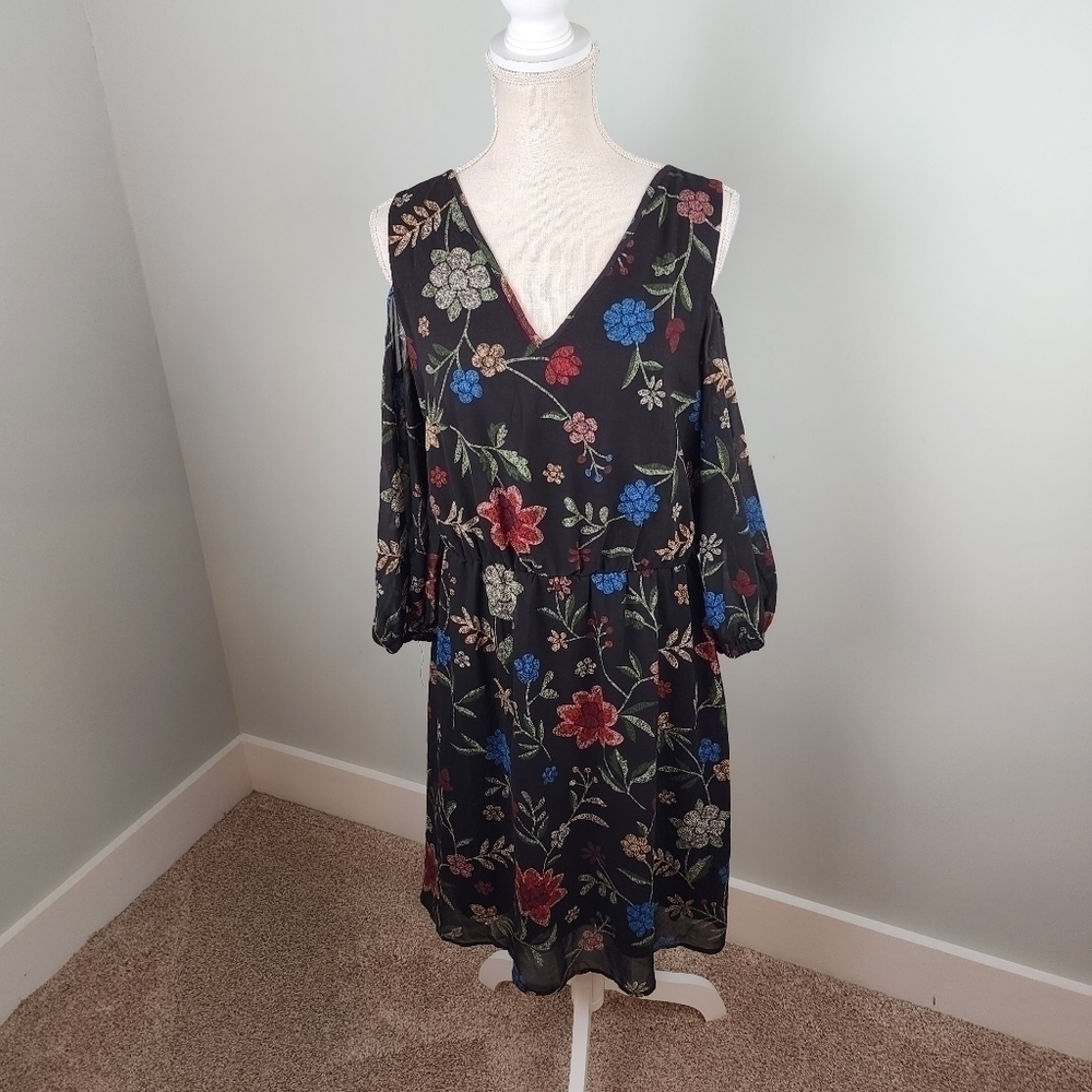 Signature Collection Women’s Chiffon Cold Shoulder Floral Dress Size Large
